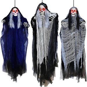 3 Pack Halloween Hanging Skeleton Ghosts, Large Grim Reapers with LED (59", 35")